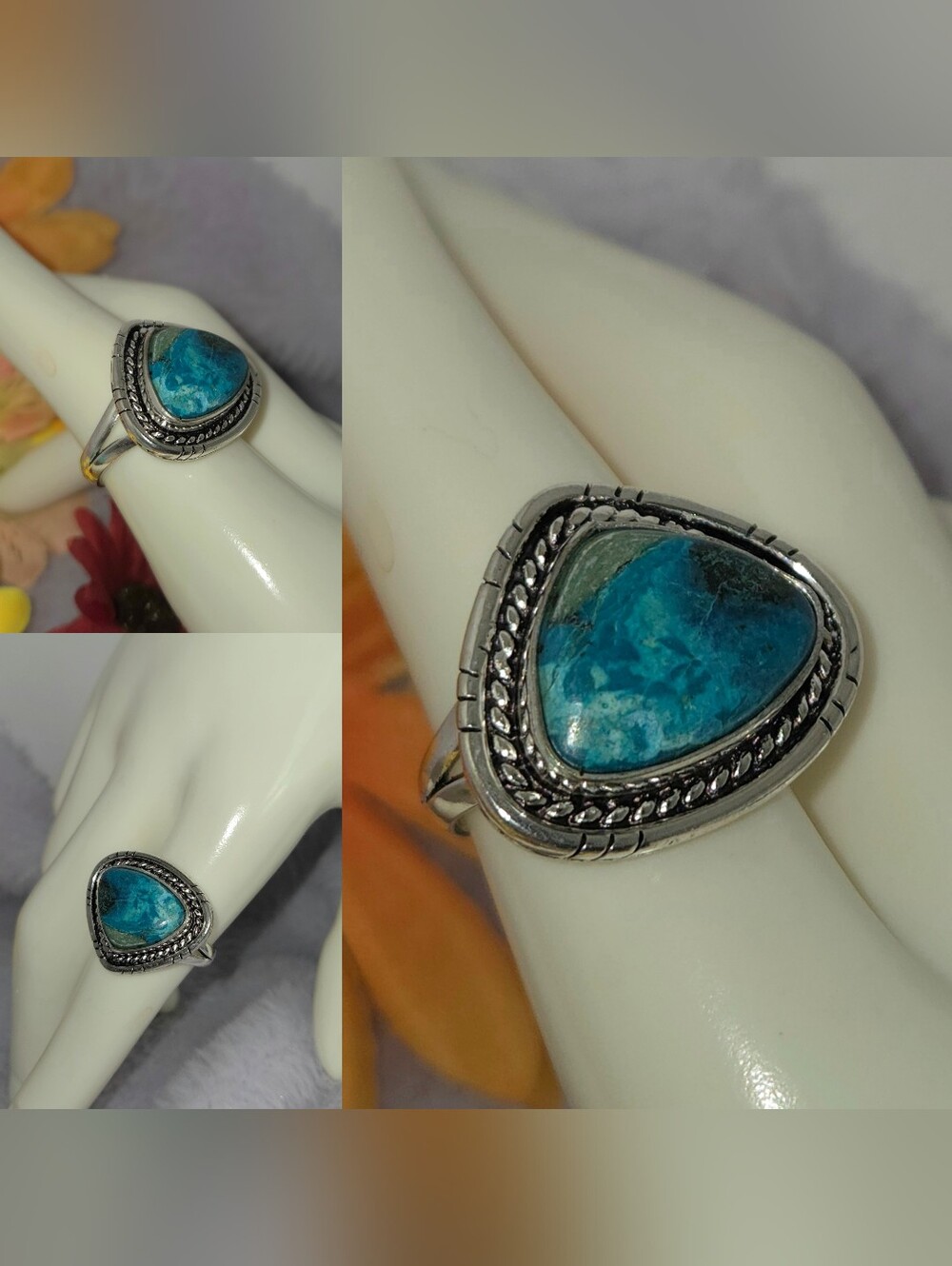 Memorizing Natural Shattuckite Gemstone Dainty Handmade Halo Ring - Picture 7 of 11